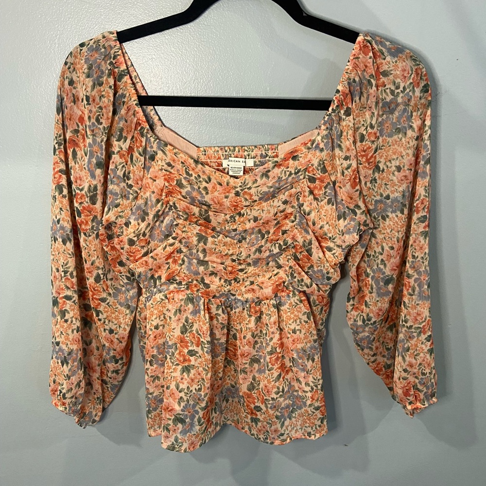 American Eagle Peach Floral Shirt Top, Size XS